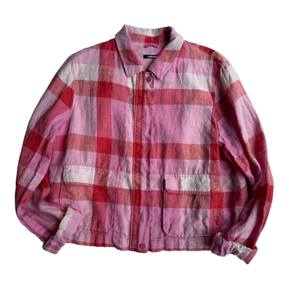 Olsen Pink Red Buffalo Plaid Cotton Zip Front Utility Jacket Womens L